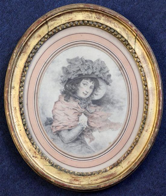 Attributed to Louis-Leopold Boilly (1761-1845) Portrait of a young lady oval, 7.5 x 6.5in.